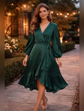 Gal Meets Glam Emerald Green Satin Wrap Dress
